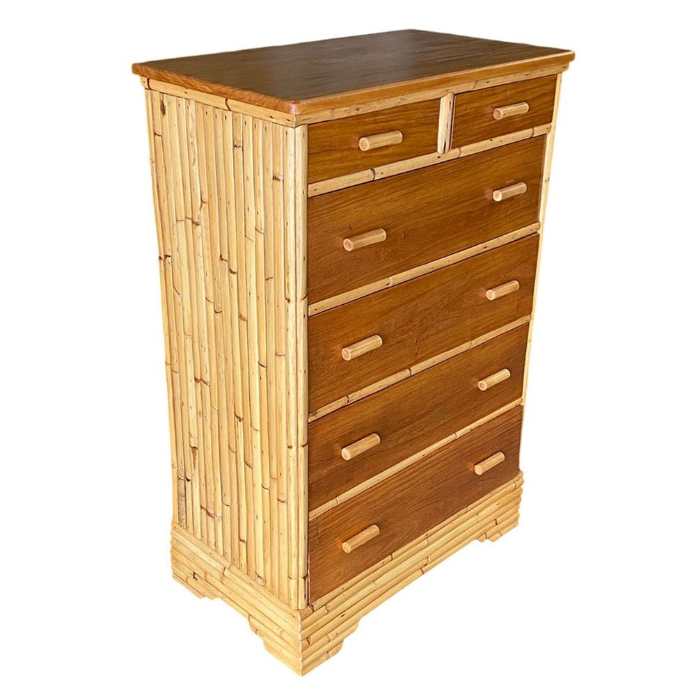 Mid-century Stacked Rattan & Mahogany Highboy Dresser by Kane Kraft Tropical Sun Rattan Mid-century Stacked Rattan & Mahogany Highboy Dresser by Kane Kraft Tropical Sun Rattan