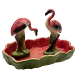 MCM California Pottery Ceramic Flamingo Figurine Set w/ Tropical Pond Tray