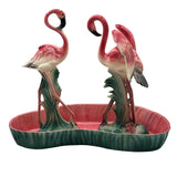 Mid-century Ceramic Flamingo Figurine Set in Tropical Pond Tray by Maddux