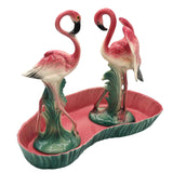 Mid-century Ceramic Flamingo Figurine Set in Tropical Pond Tray by Maddux