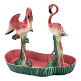 Mid-century Ceramic Flamingo Figurine Set in Tropical Pond Tray by Maddux