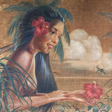 Original Pre-War Beach Polynesian Oil Painting on Velvet by Roger Fowler, Tahiti