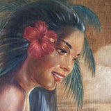 Original Pre-War Beach Polynesian Oil Painting on Velvet by Roger Fowler, Tahiti
