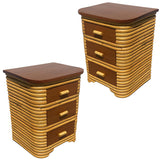 Streamline Stacked Rattan Bedside Table W/ Mahogany Top, Pair