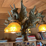 Bronze Medieval Gothic Dragon Chandelier w/ Quezal Gold Iridescent Shades