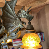 Bronze Medieval Gothic Dragon Chandelier w/ Quezal Gold Iridescent Shades