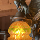 Bronze Medieval Gothic Dragon Chandelier w/ Quezal Gold Iridescent Shades