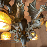 Bronze Medieval Gothic Dragon Chandelier w/ Quezal Gold Iridescent Shades