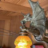 Bronze Medieval Gothic Dragon Chandelier w/ Quezal Gold Iridescent Shades