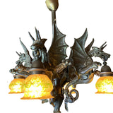 Bronze Medieval Gothic Dragon Chandelier w/ Quezal Gold Iridescent Shades