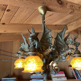 Bronze Medieval Gothic Dragon Chandelier w/ Quezal Gold Iridescent Shades
