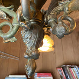 Bronze Medieval Gothic Dragon Chandelier w/ Quezal Gold Iridescent Shades