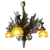 Bronze Medieval Gothic Dragon Chandelier w/ Quezal Gold Iridescent Shades