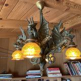 Bronze Medieval Gothic Dragon Chandelier w/ Quezal Gold Iridescent Shades