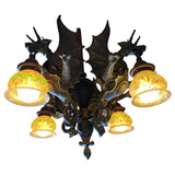 Bronze Medieval Gothic Dragon Chandelier w/ Quezal Gold Iridescent Shades
