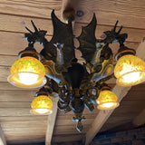 Bronze Medieval Gothic Dragon Chandelier w/ Quezal Gold Iridescent Shades