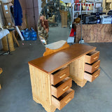 Pre-War Stacked Rattan and Mahogany Vanity with Round Mirror