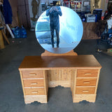 Pre-War Stacked Rattan and Mahogany Vanity with Round Mirror