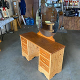 Pre-War Stacked Rattan and Mahogany Vanity with Round Mirror